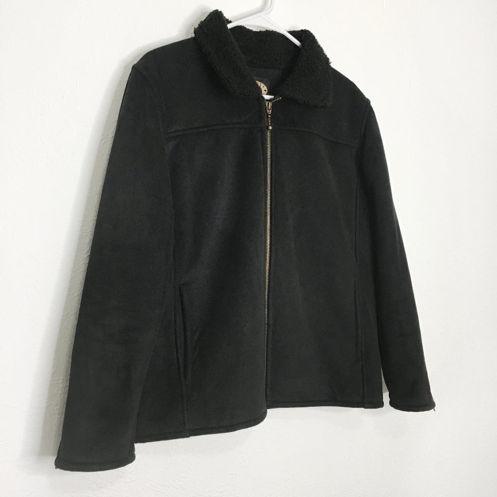 COUNTY CLOTHING CO. Faux Suede Sherpa Lined Zip Up Shearling Jacket Black Medium